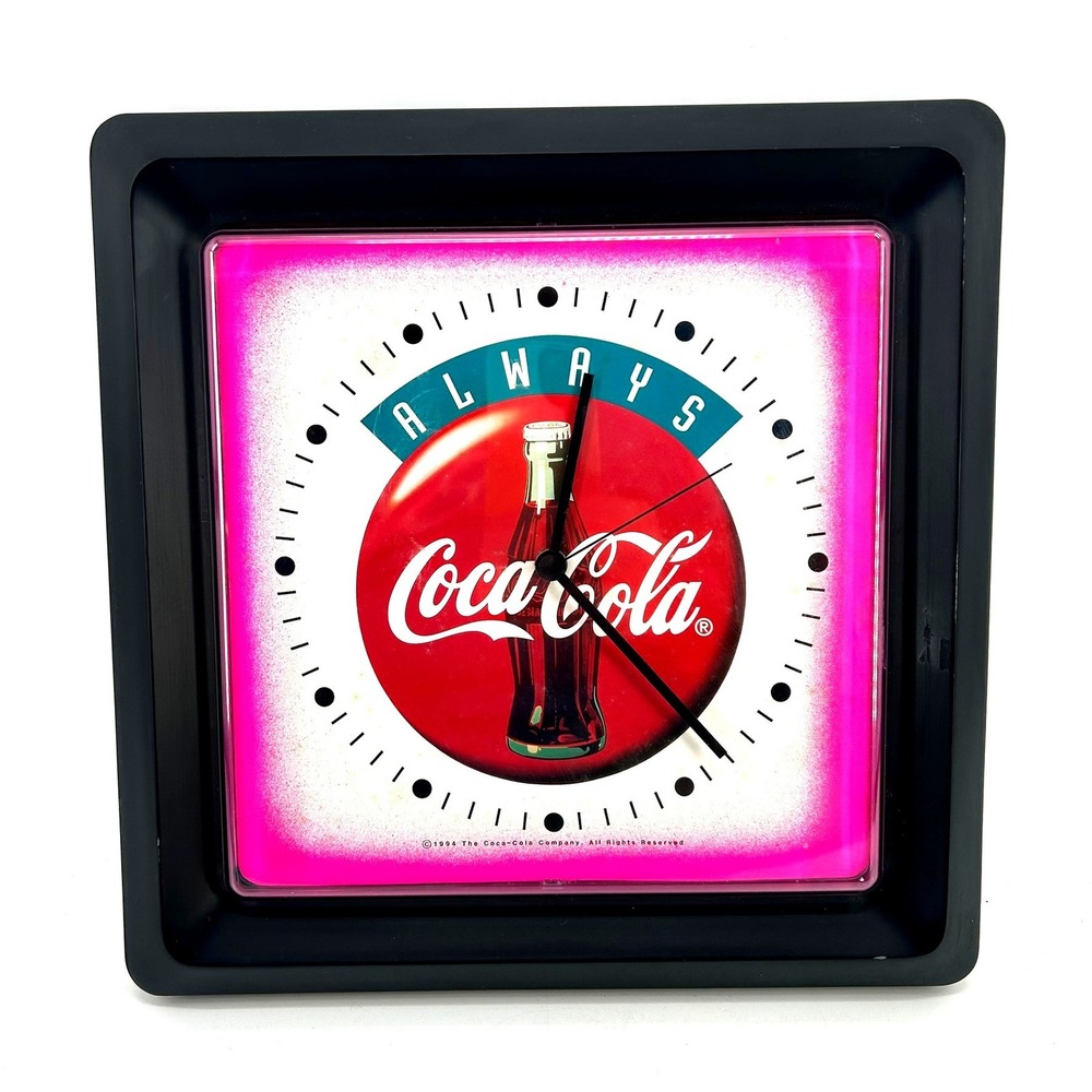 Vintage 1994 Coca-Cola Always Wall Clock Neon Pink Square 12in Retro Advertising
